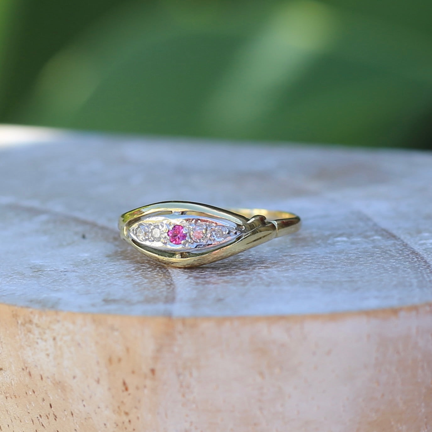 Antique Boat Ring with Four Old Cut Diamonds and an Old Cut Pink Topaz, 18ct Yellow and White Gold, size 7 or N1/2