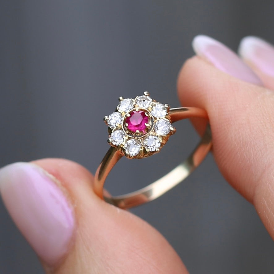 Antique Ruby and Old Cut Diamond Cluster, 15ct Yellow Gold, size O or 7.25 with valuation