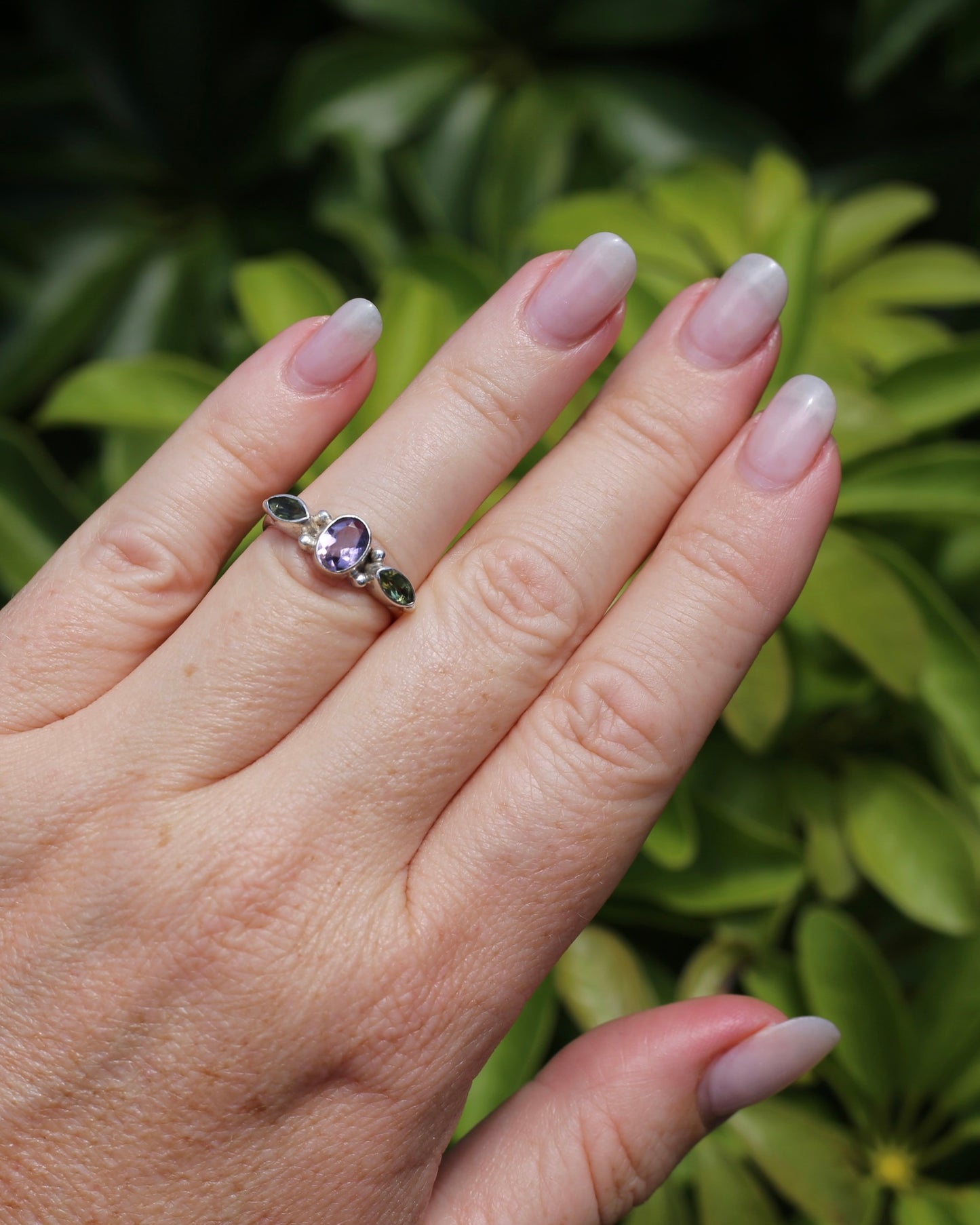 Amethyst & Peridot Bezel Set Trilogy Ring, Sterling Silver, size N or 6.75, 2.7g