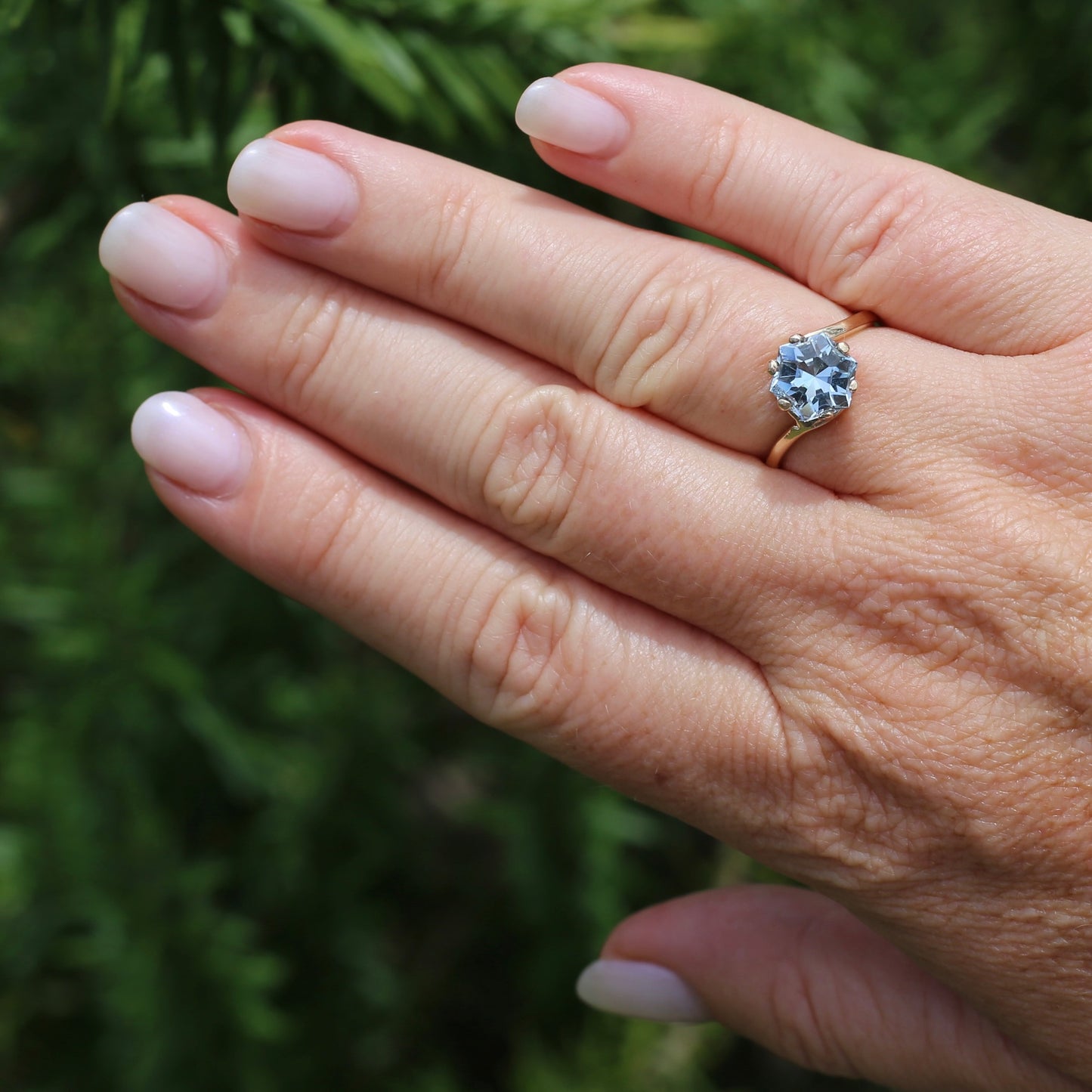 Fancy Hexagonal Cut Pale Blue Zircon Ring, 9ct Yellow Gold, size 7.5 or just over O1/2