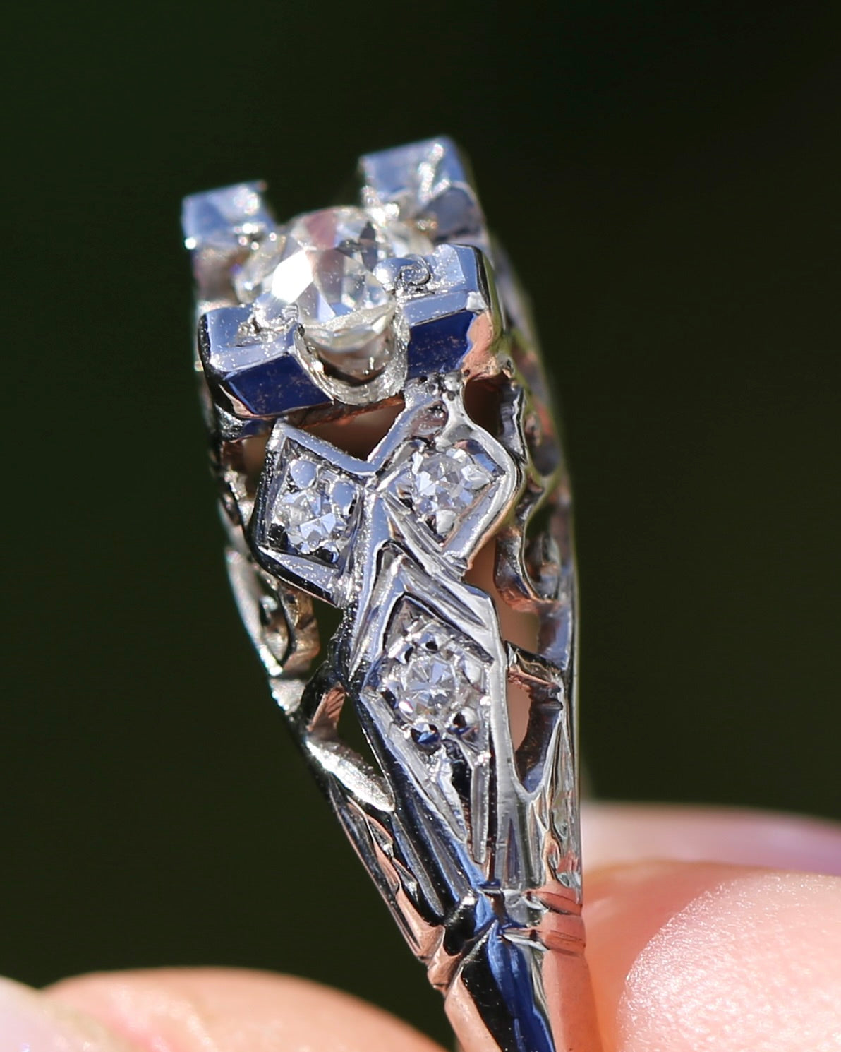 0.188ct Old Cut Diamond Solitaire, 18ct White Gold Filigree, size L or 5.75, 2.0g