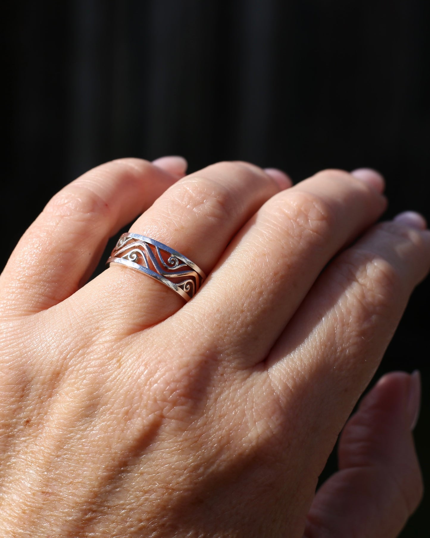 Silver and Rose Gold Filigree Swirl Band, Sterling Silver and 9ct Rose Gold, size P or 7.5 (fits more like an O)
