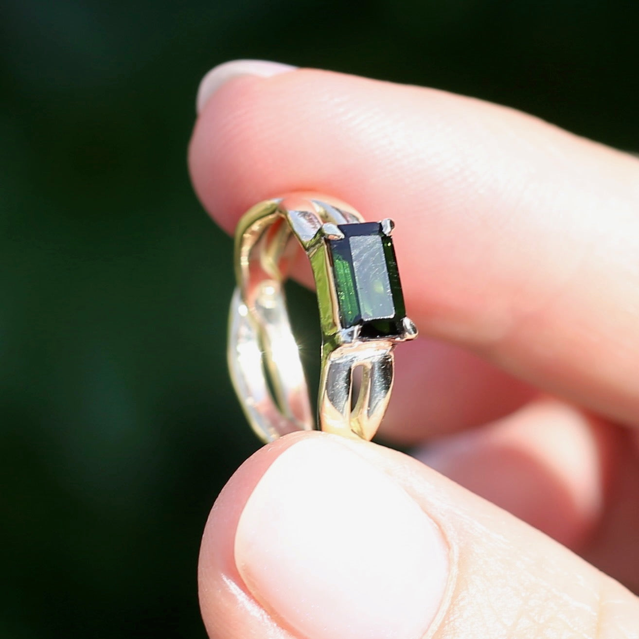 East West Set Emerald Cut Dark Green Natural Tourmaline Ring, 9ct Yellow Gold, size L or 5.75