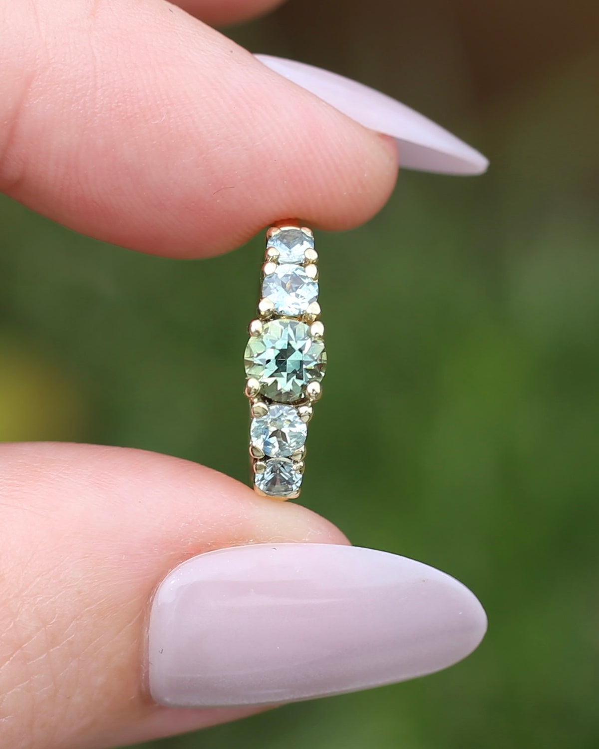 1.35ct Blue Green Natural Five Stone Sapphire Ring, 9ct Yellow Gold, size 6.5 or just over M1/2, 2.91g
