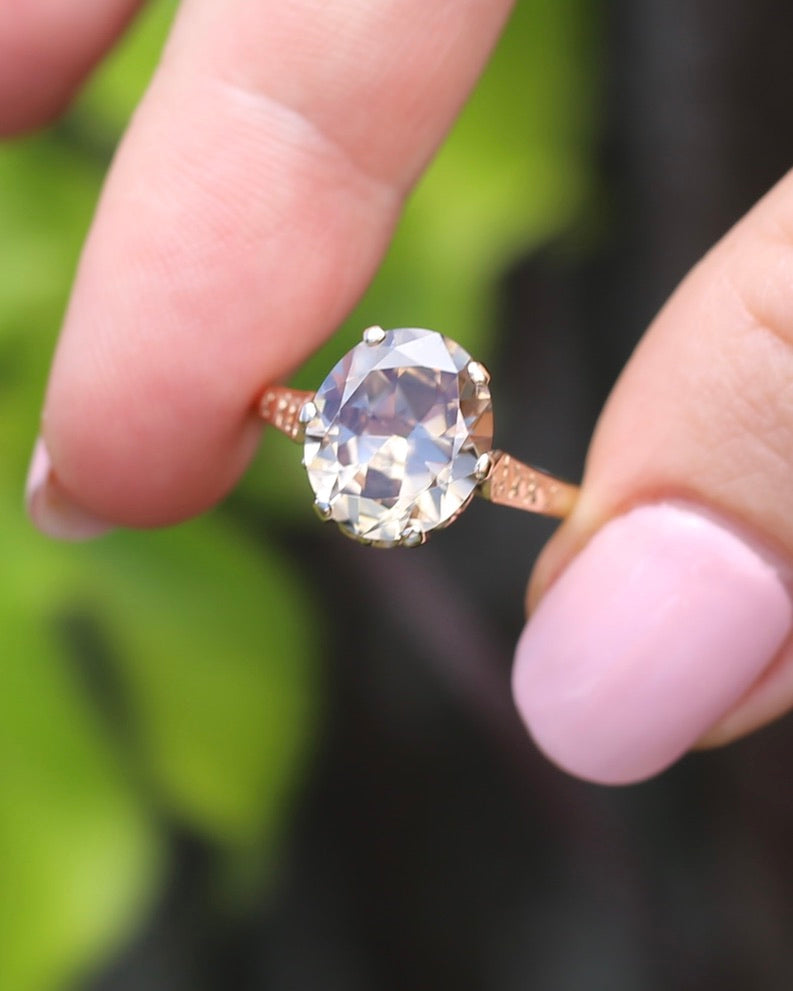 5.68ct Oval Natural Australian Zircon, In 1973 Birmingham Made Ring, 9ct Yellow Gold, size O1/2 or 7.5, 3.41g