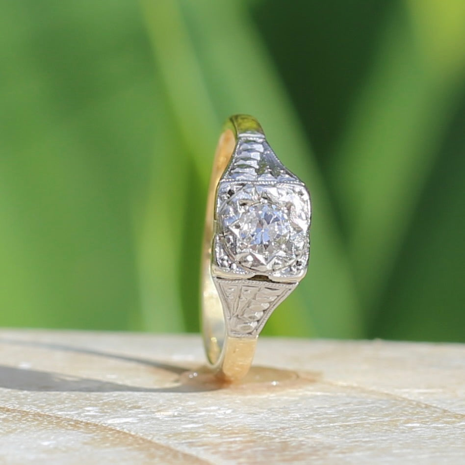 1930s Art Deco Inspired Platinum and 18ct Gold Solitaire Ring, size N or almost 6.75