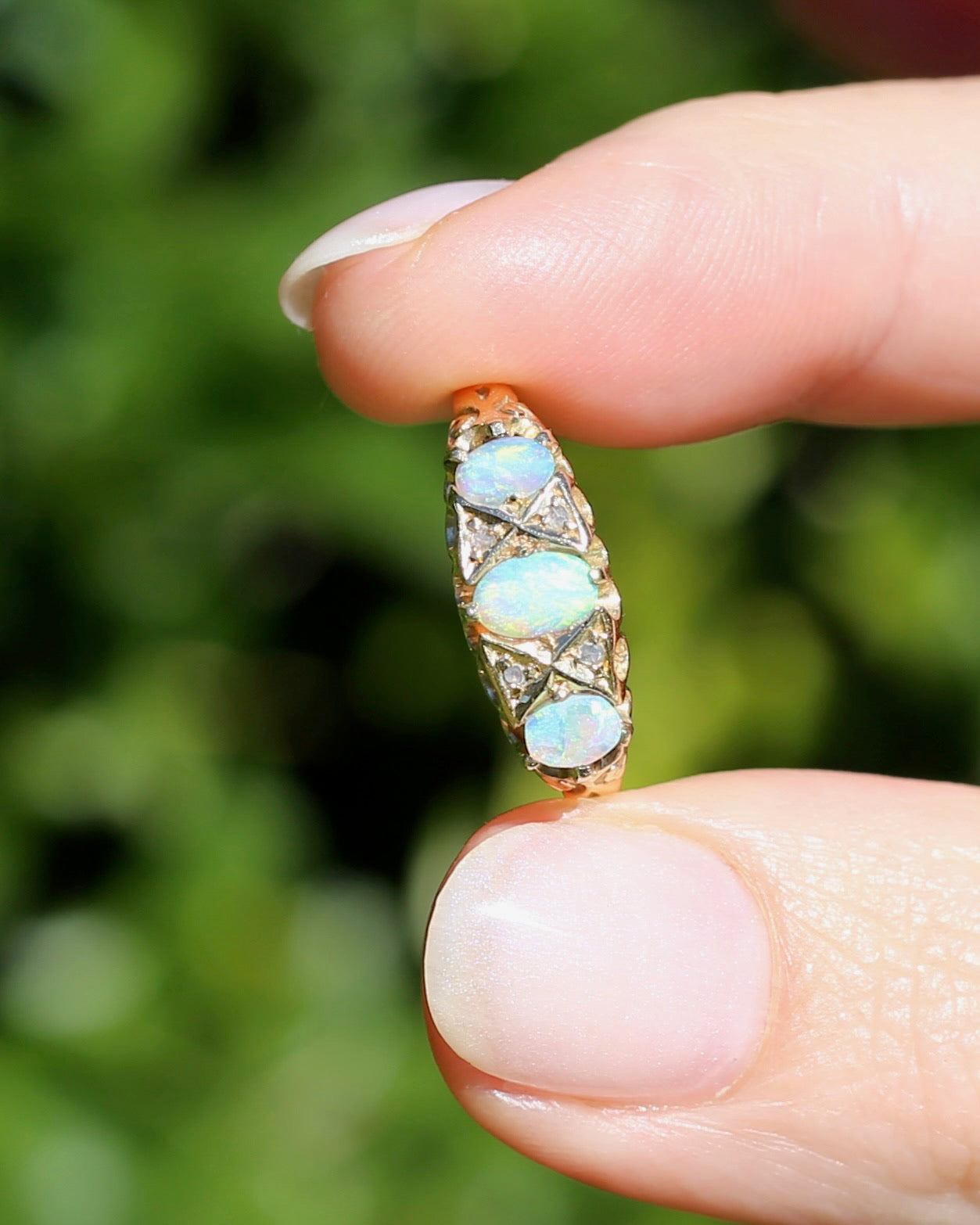 ON HOLD Antique 1907 Opal and Rose Cut Diamond Bridges Ring, 18ct Yellow Gold, size 8 or Q
