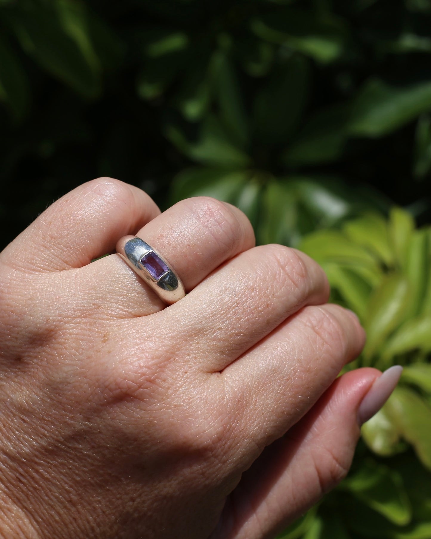 Chunky Emerald Cut Amethyst East West Bezel Set Ring, Sterling Silver, size O or 7.25, 6.1g