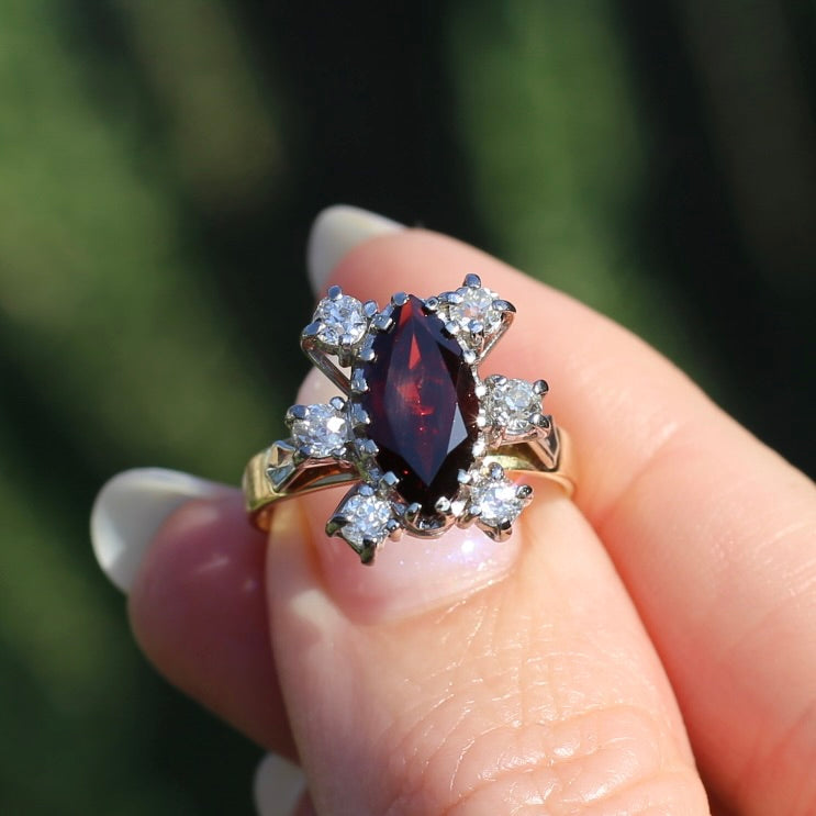 Viking feel Marquise Garnet With 6 Transitional Cut Diamonds, 18ct White and Yellow Gold, size N1/2 or 7