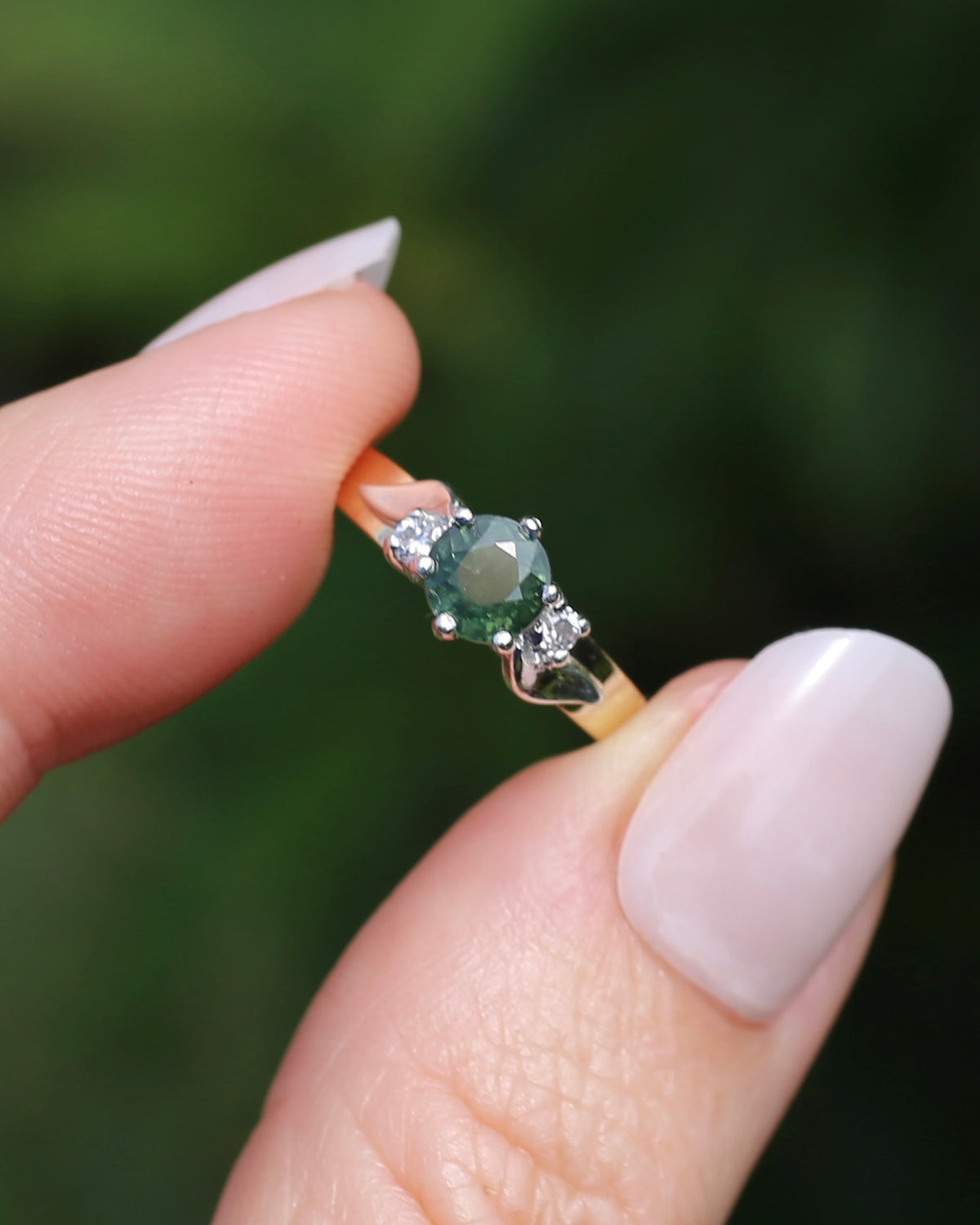 1ct Natural Green Sapphire Ring with White Spinel Side Stones, Silver and 9ct Yellow Gold, size M or 6.25, 2.1g