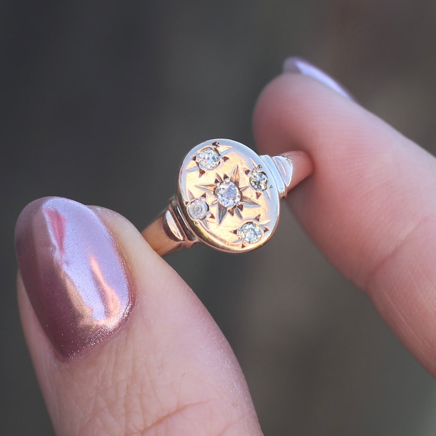 Early Australian Joseph Lawrence Signet Ring, Star Set with 5 Old Cut Diamonds, size T or 9.5