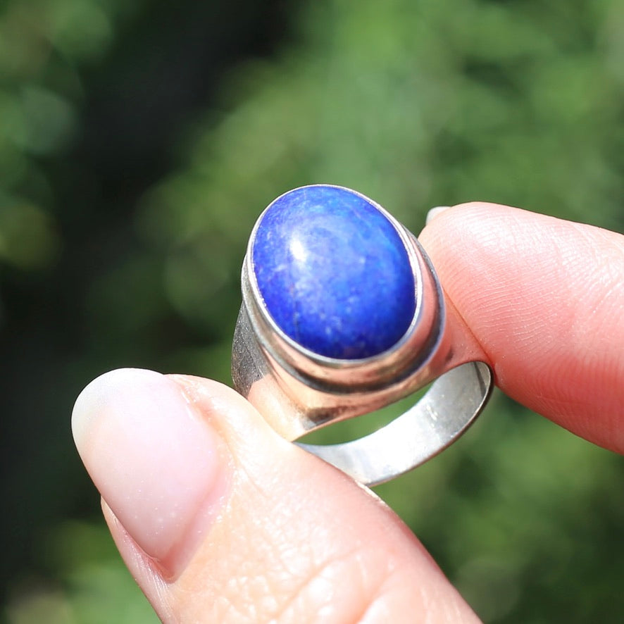 Large Lapis Cabochon in Silver Bezel Setting, size P1/2 or just under 8