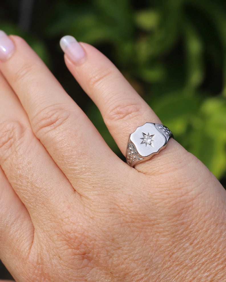 Vintage Shield Signet With Old Cut Diamond, 18ct White Gold, size N or just over 6.5 (fits more like an L1/2-M due to width), 6.86g