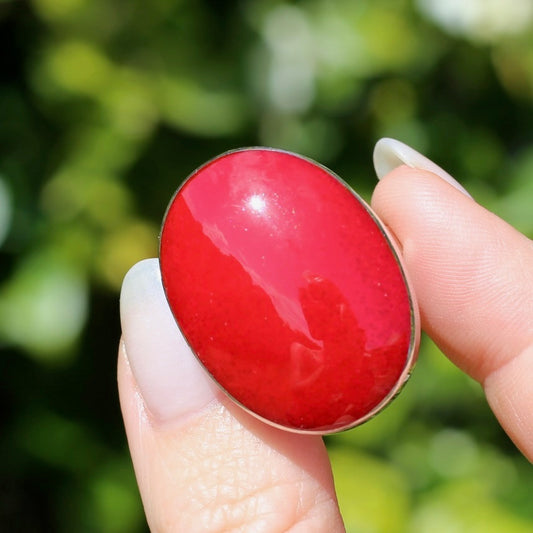 Large Red Oval Cabochon Resin ring, sterling silver, size O or 7.25