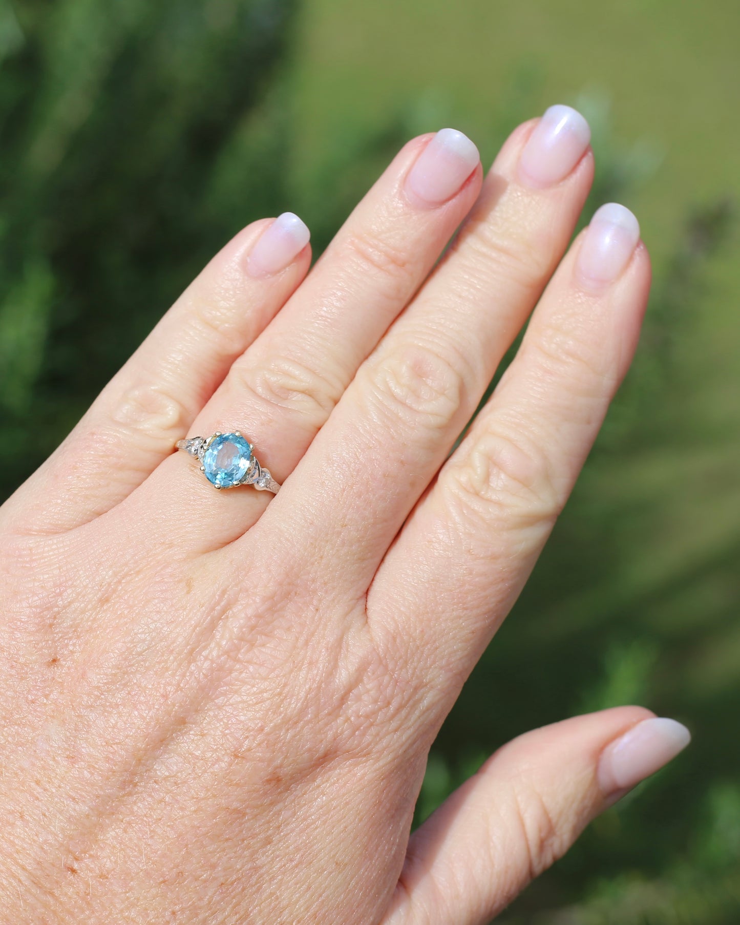 Circa 1930s Art Deco Blue Zircon and Diamond Ring, 18ct size just over M1/2 or 6.5, 2.80g