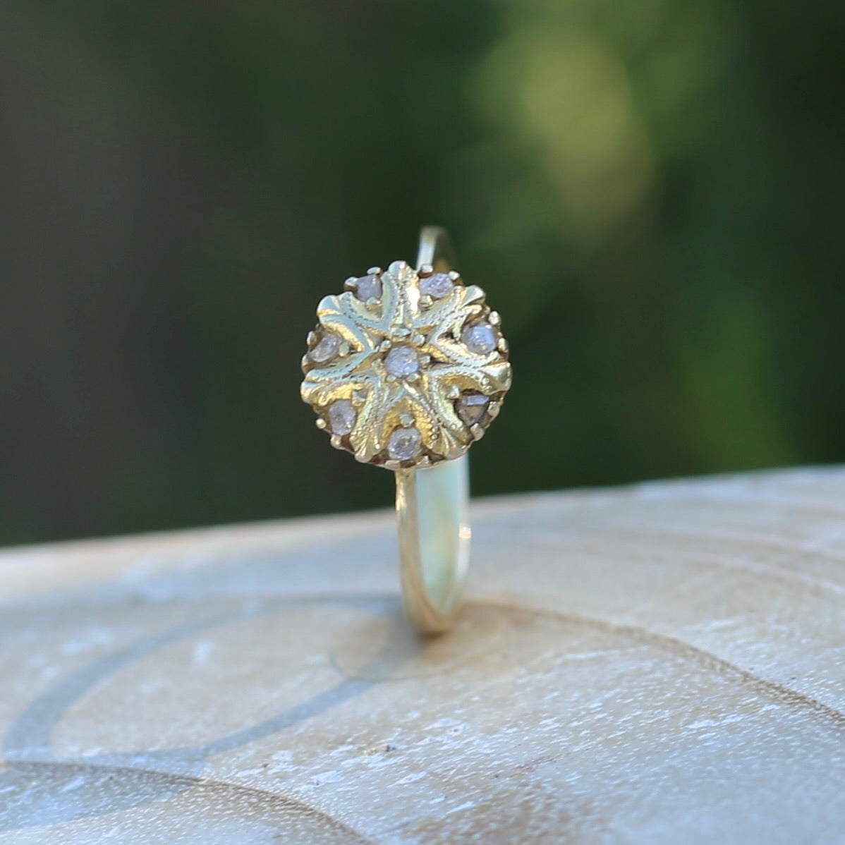 Rustic Handmade Likely Victorian Rose and Table Cut Diamond & Quartz Ring, approx 12ct Yellow Gold, size T or 9.5