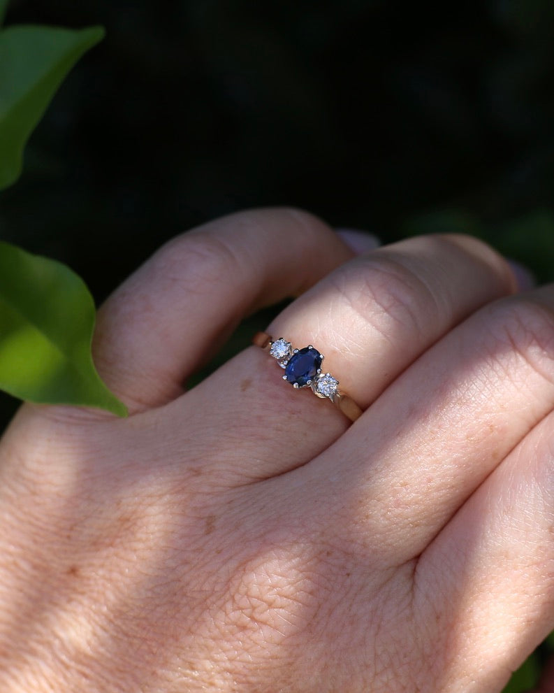 Sapphire and Diamond Trilogy, 9ct Yellow Gold and Palladium, size P or 7.75, 2.32g