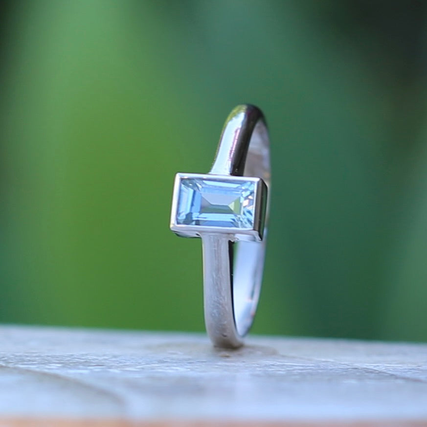 Bezel Set Emerald  Cut Aquamarine, 9ct White Gold, size M or 6.25