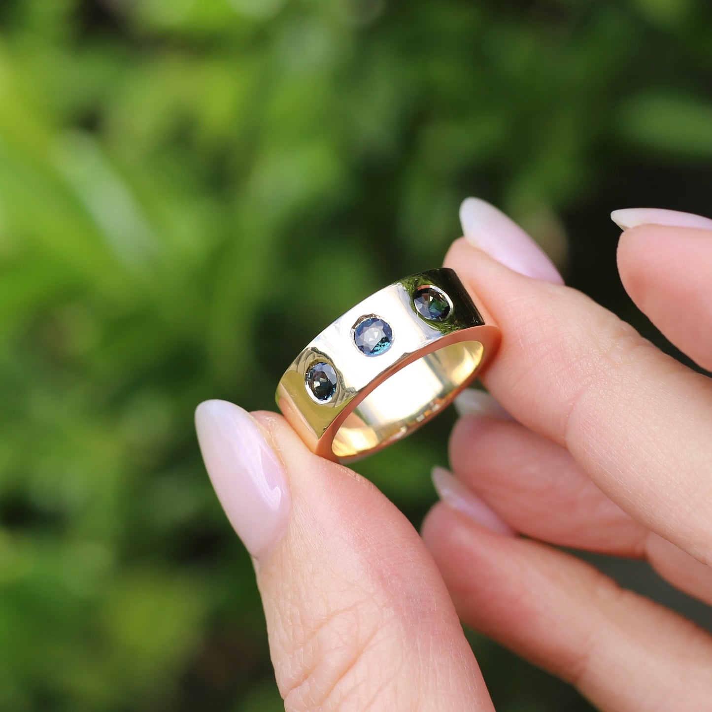 Custom Reclaimed Gold Chunky 9ct Rings with 4mm Parti Sapphires