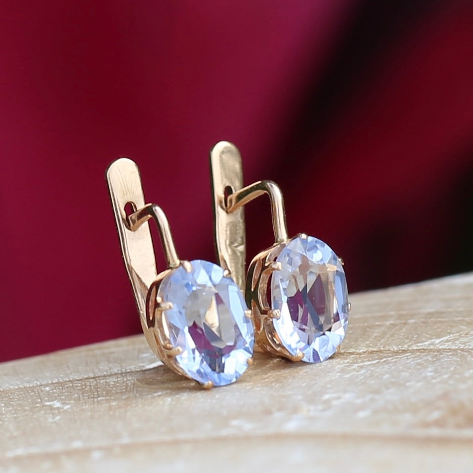 Vintage Russian Pale Lilac Blue Spinel Earrings with Lever Backs, 14ct Rosey Gold, 3.03g