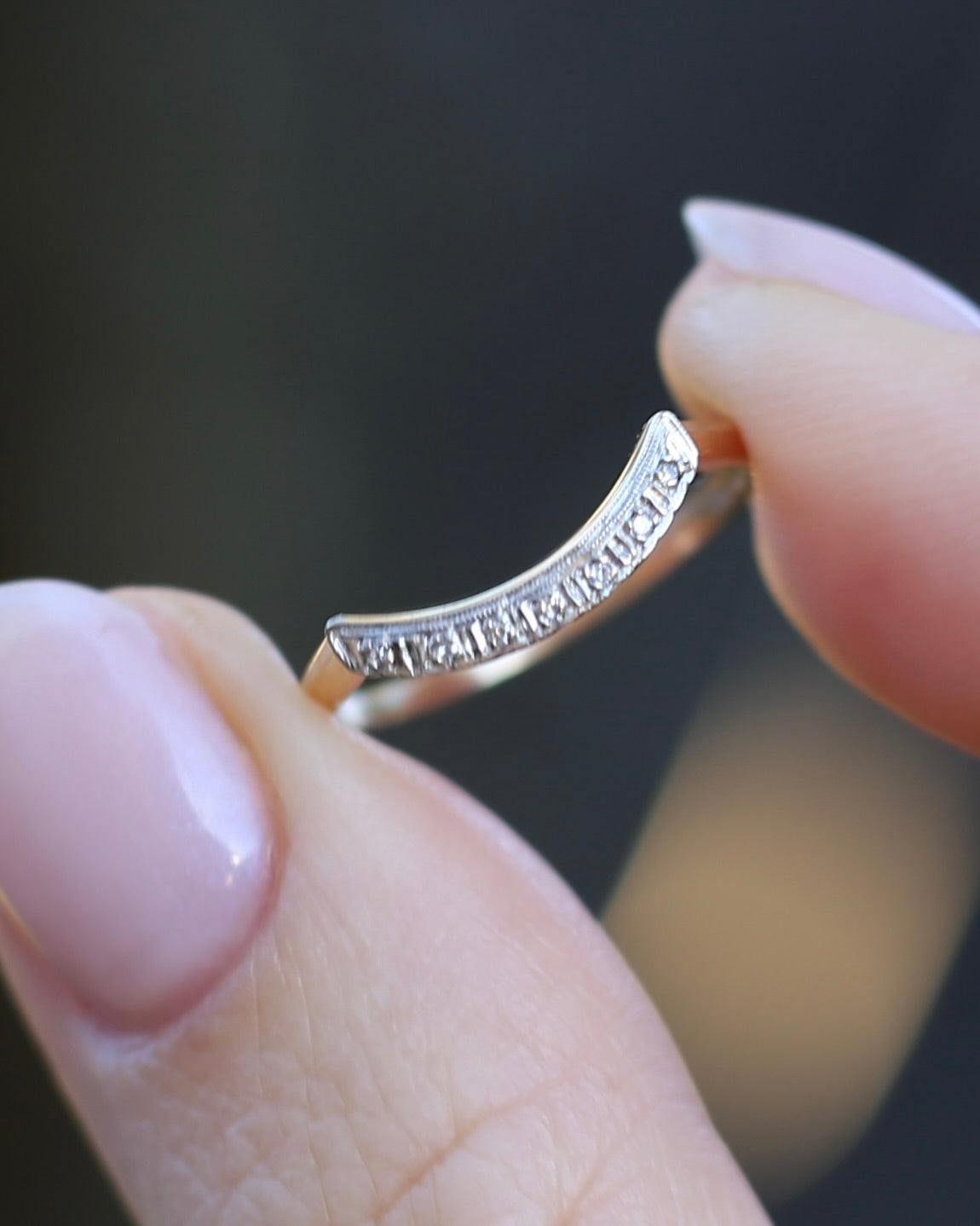Vintique 7 Stone Single Cut Diamond & Milgrain Curved Stacker Ring, 14ct Yellow and White Gold, size P or just over 7.5, 1.49g