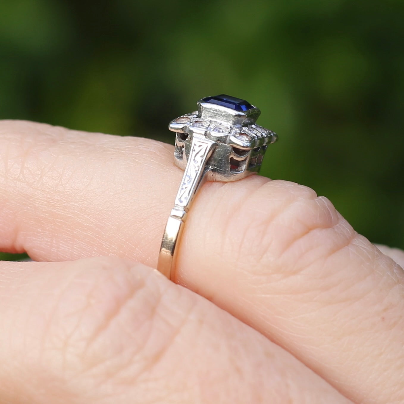 1930s Mixed Metal, Sapphire and White Spinel Halo Ring, 9ct Yellow and White Gold, size J1/2 or 5