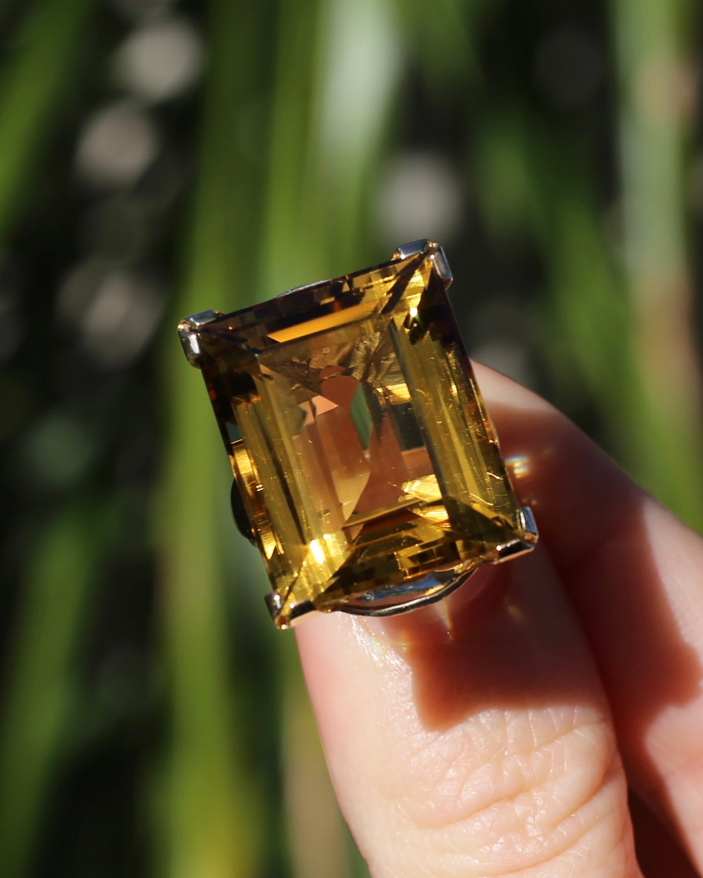 35ct Rectangular Step Cut Vivid Citrine in Chunky Vintage 9ct Yellow Gold Ring, size N1/2 or 7, 15.12g