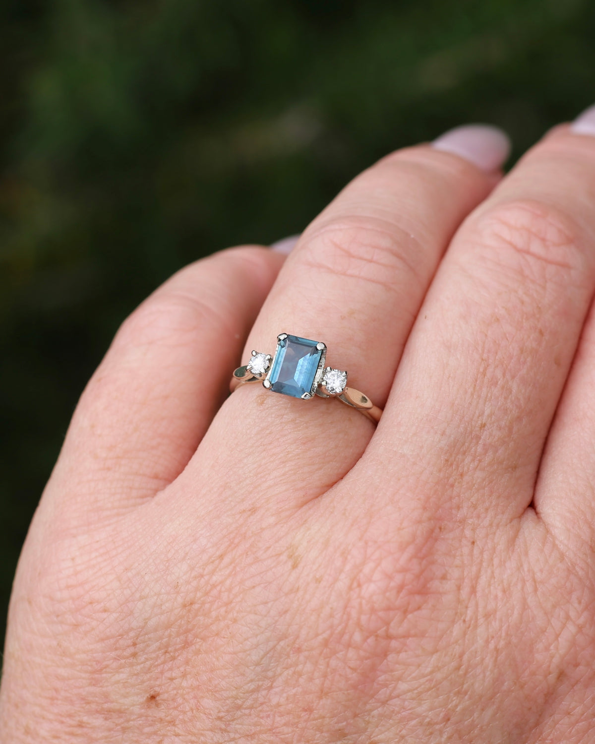 1.1ct Emerald Cut Natural Blue Teal Sapphire and Diamond Trilogy, 18ct White Gold and Platinum, size O or just over 7, 2.27g