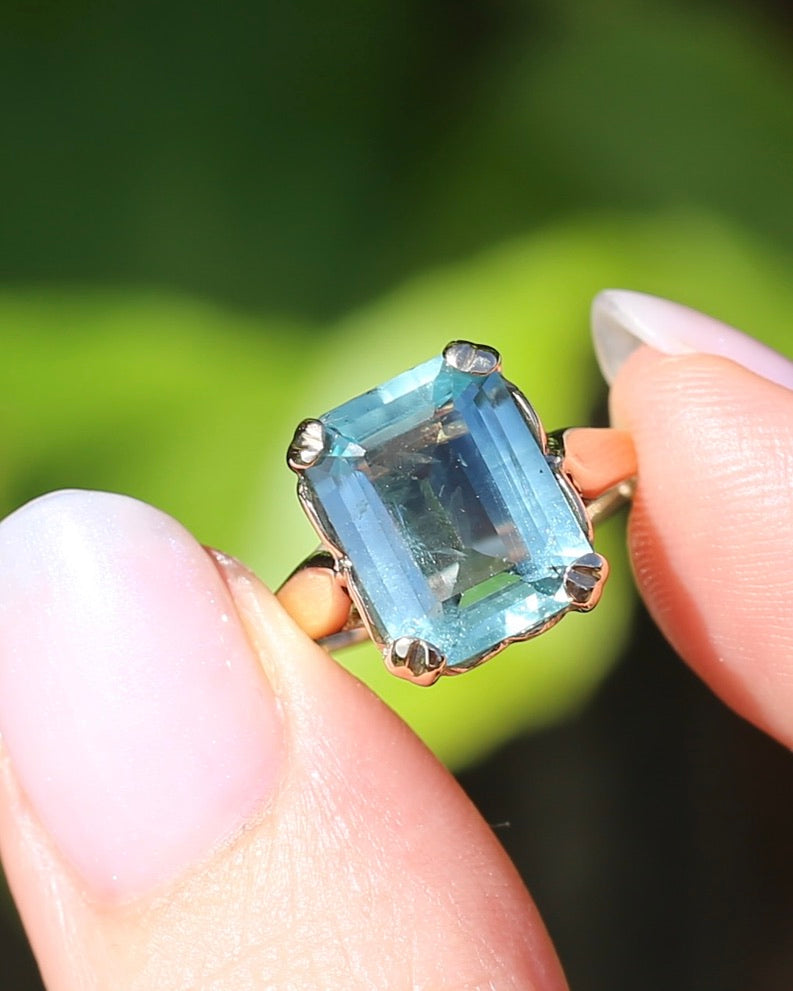 Second Glance - Natural 4.3ct Emerald Cut Aquamarine in Vintage 1963 London Made Ring, 9ct Yellow Gold, size K1/2 or 5.5, 3.04g