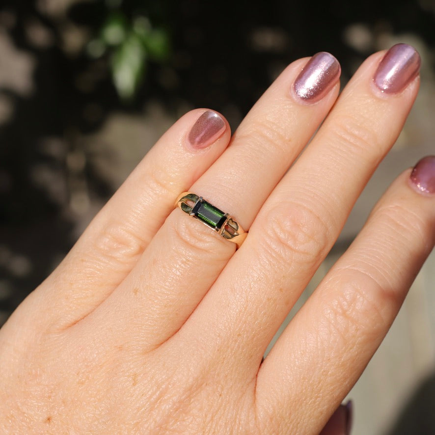 East West Set Emerald Cut Dark Green Natural Tourmaline Ring, 9ct Yellow Gold, size L or 5.75