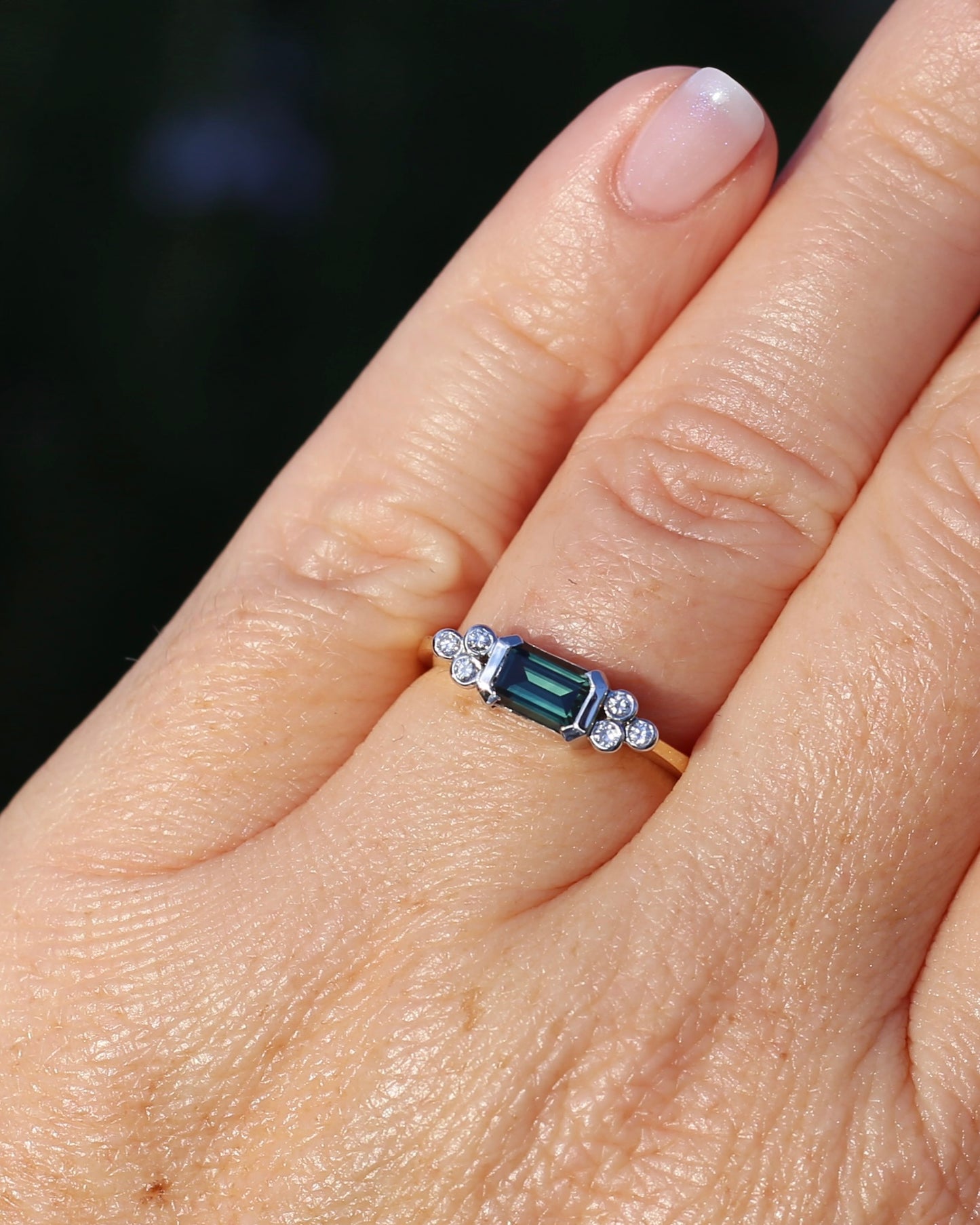 Vintage East West Set Natural Sapphire and Diamond Ring, 18ct Yellow and White Gold, size O or 7.25, 3.36g, with valuation