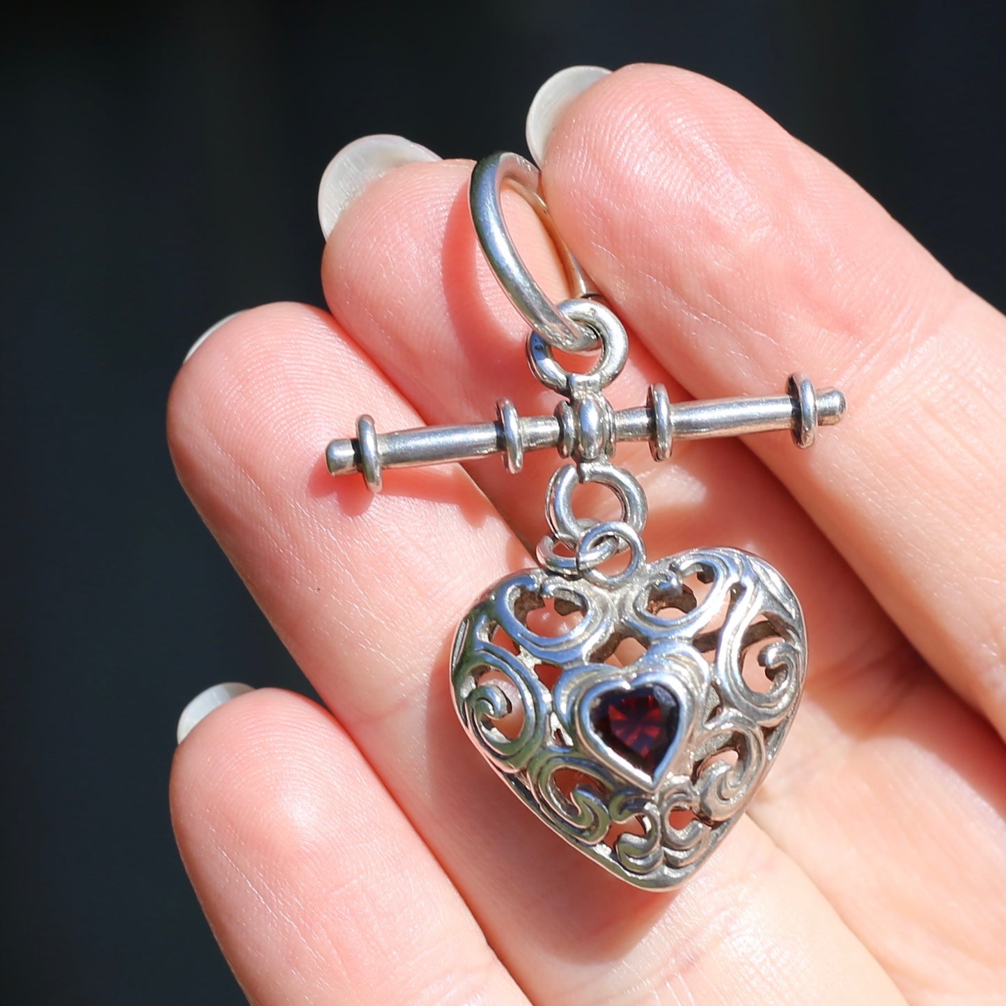 Vintage Filigree Heart Fob with Garnet stone and T-bar, 9.48g