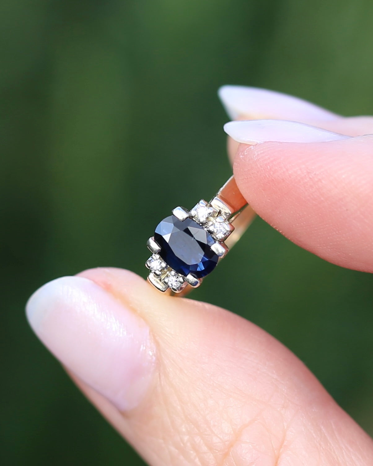 Circa 1970s Natural Sapphire and Diamond Ring, 9ct Yellow and White Gold, size M or 6.25, 4.19g
