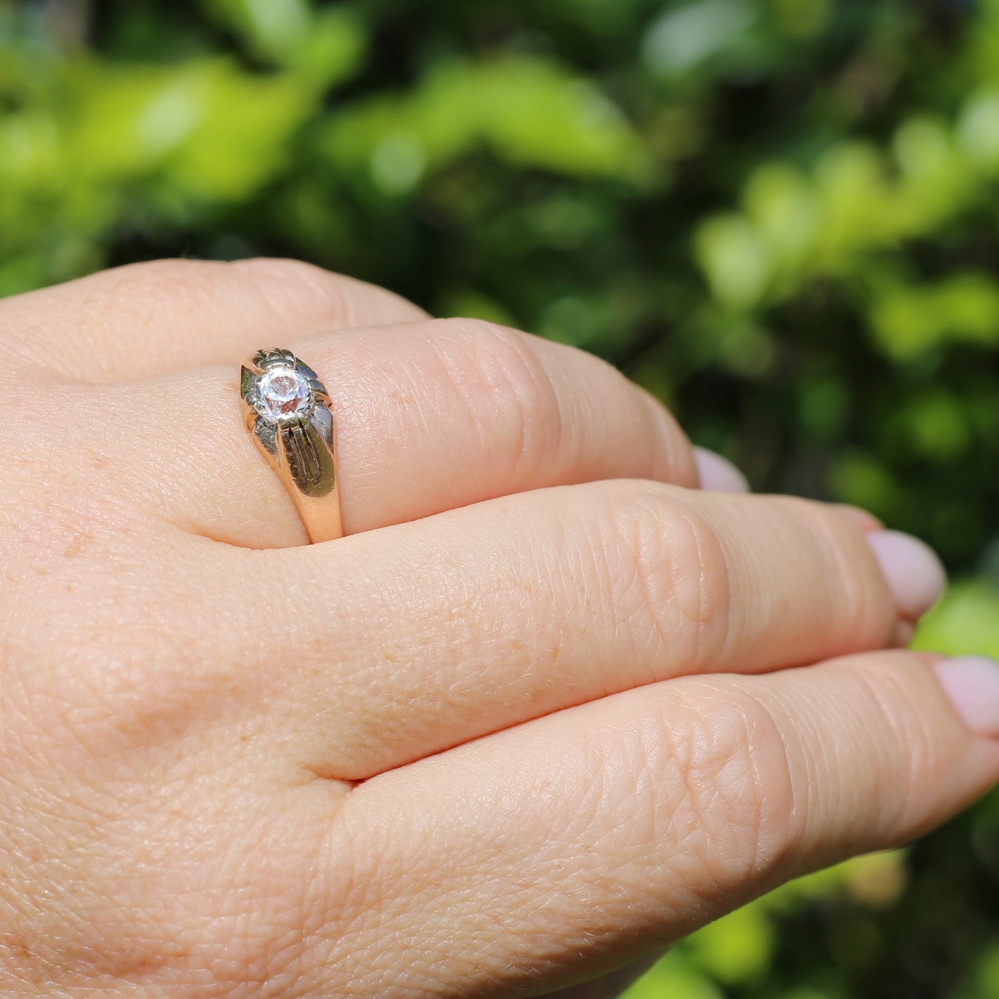 Hand Cut White Sapphire in 15ct Old Gold Ring, size N1/2 or just under 7