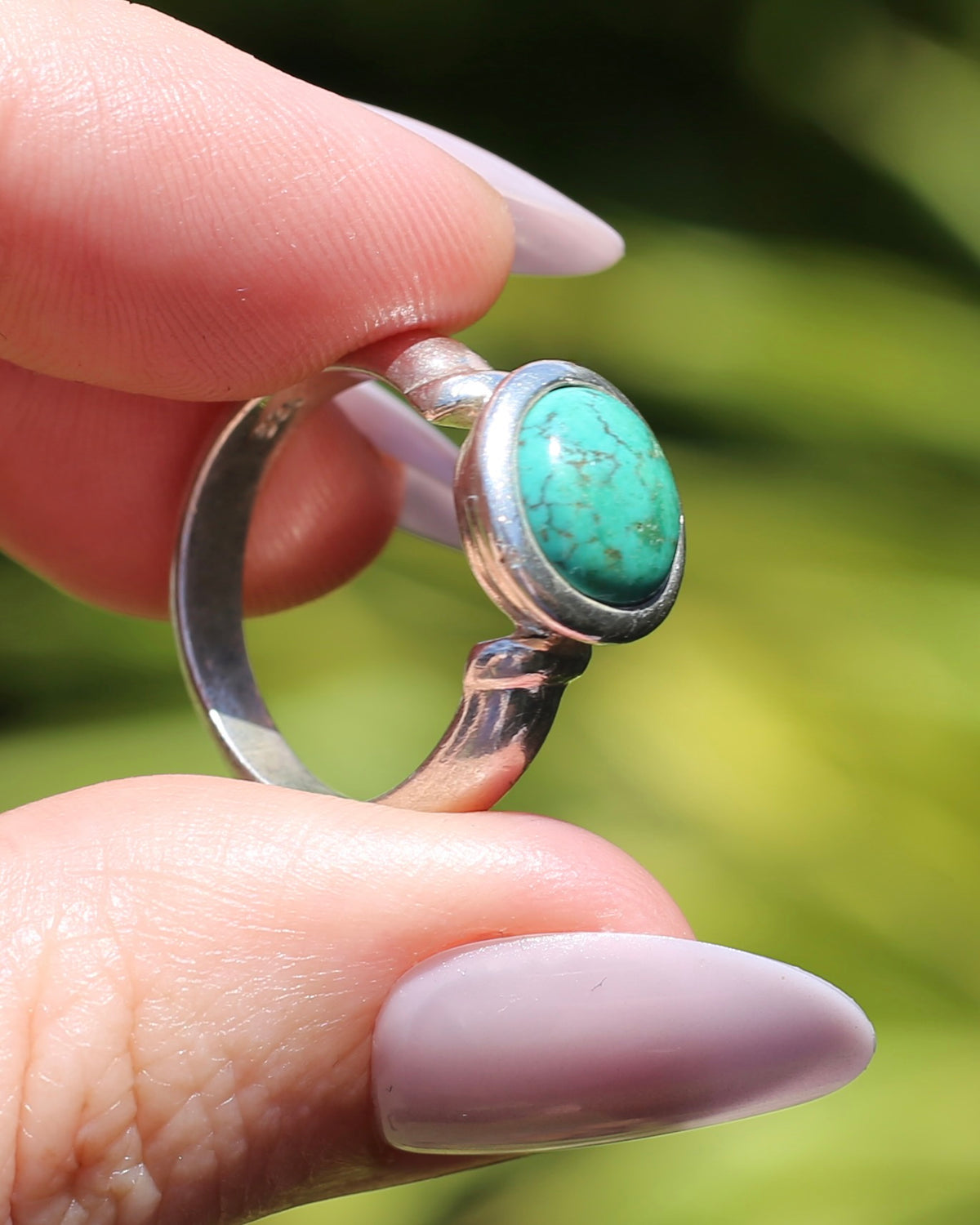 Natural Turquoise Cabochon Bezel Set Ring, Sterling Silver, size Q or just over 8, 7.3g