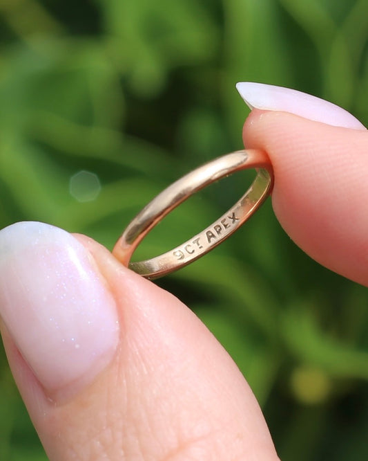 Early Australian "APEX" wedder by Rodd and co., 9ct Old Rosey Gold, size 5.25 or K, 1.33g