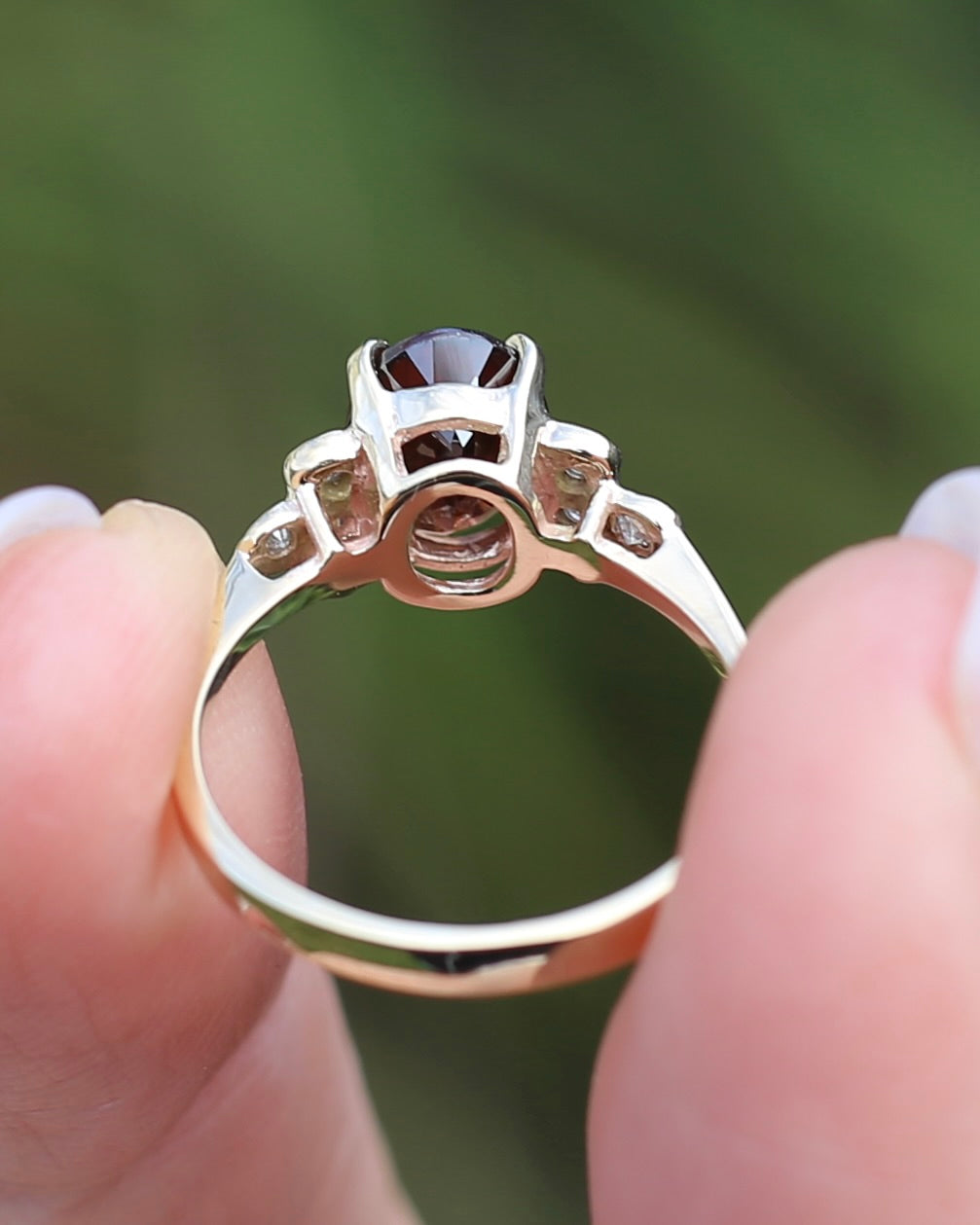 2.45ct Deep Red Whisky Zircon and Diamond RIng, 9ct Yellow Gold, size L or 5.75, 2.33g