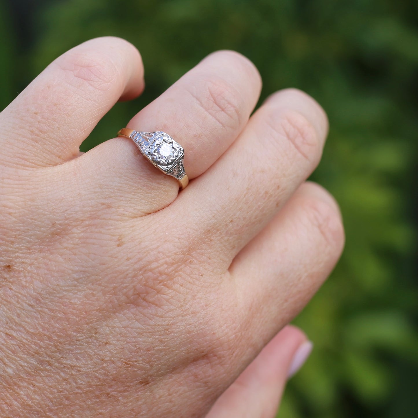 1930s Art Deco Inspired Platinum and 18ct Gold Solitaire Ring, size N or almost 6.75