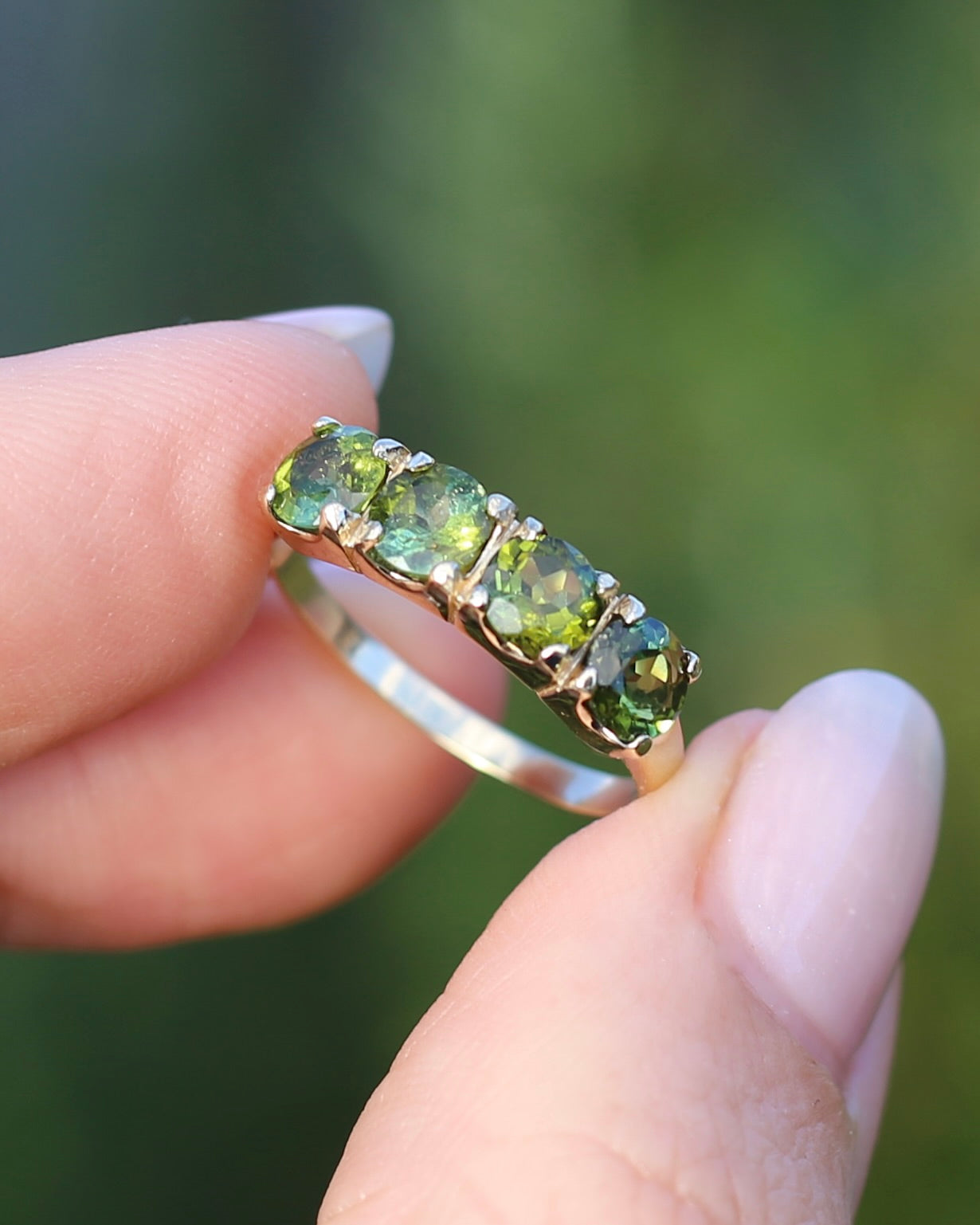 1.75ct Four Stone Natural Green Tourmaline Ring, 9ct Yellow Gold, size N1/2 or just over 6.75, 2.37g