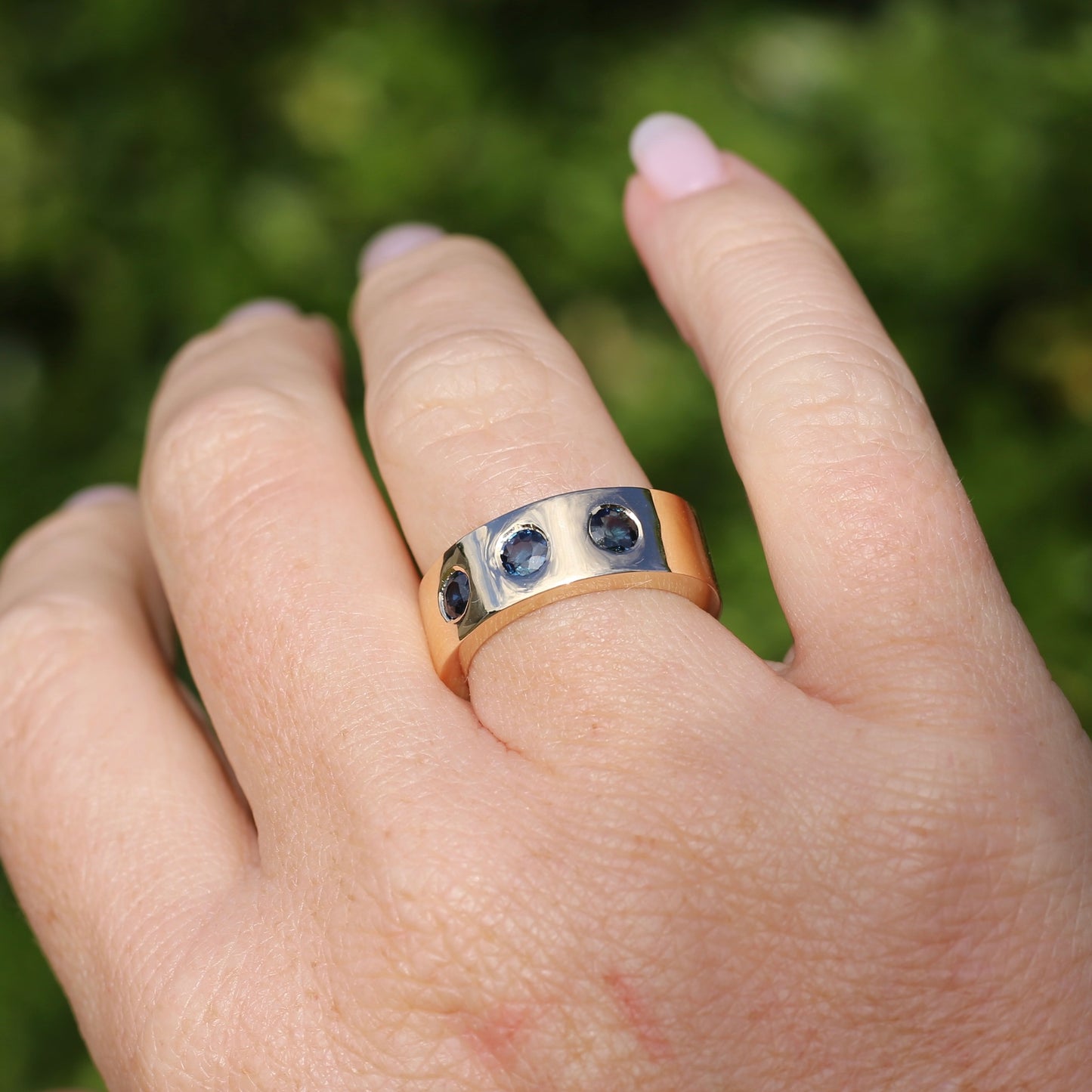 Custom Reclaimed Gold Chunky 9ct Rings with 4mm Parti Sapphires