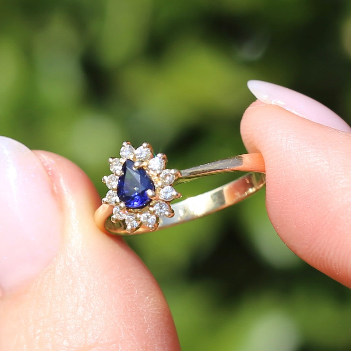 Pear Shaped Sapphire with Halo, 14ct and 18ct Yellow Gold, size 7 or just under O