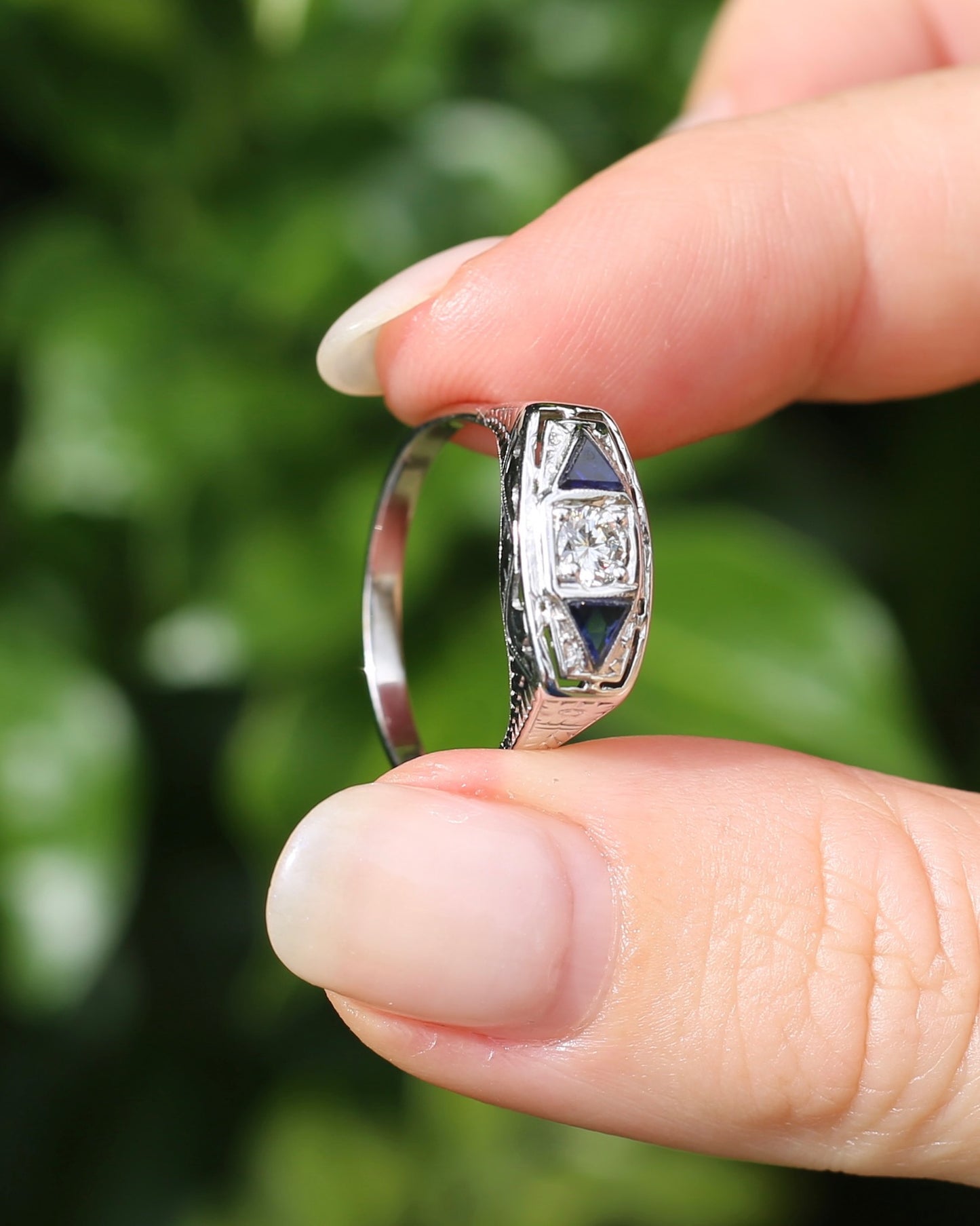 Art Deco Diamond and Sapphire Trilogy in Raised Handmade Engraved Floral Setting, 14ct White Gold, size U or 10 - offering free resize down to 7 or O, with valuation