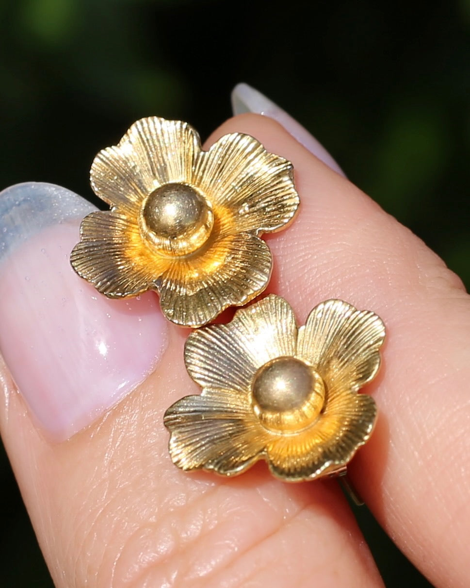 Vintage 1950s Large Floral Earring Studs, 9ct Gold (14K butterflies), Birmingham Made, 3.27g