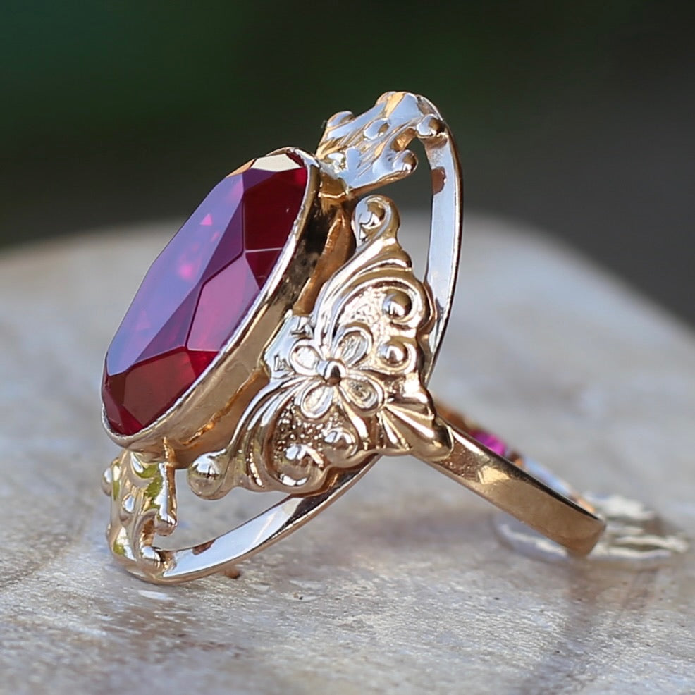 Mid Century Russian Oval Synthetic Ruby in Rosey Gold Floral Setting, 14ct Old Rosey Gold, size N1/2 or 7