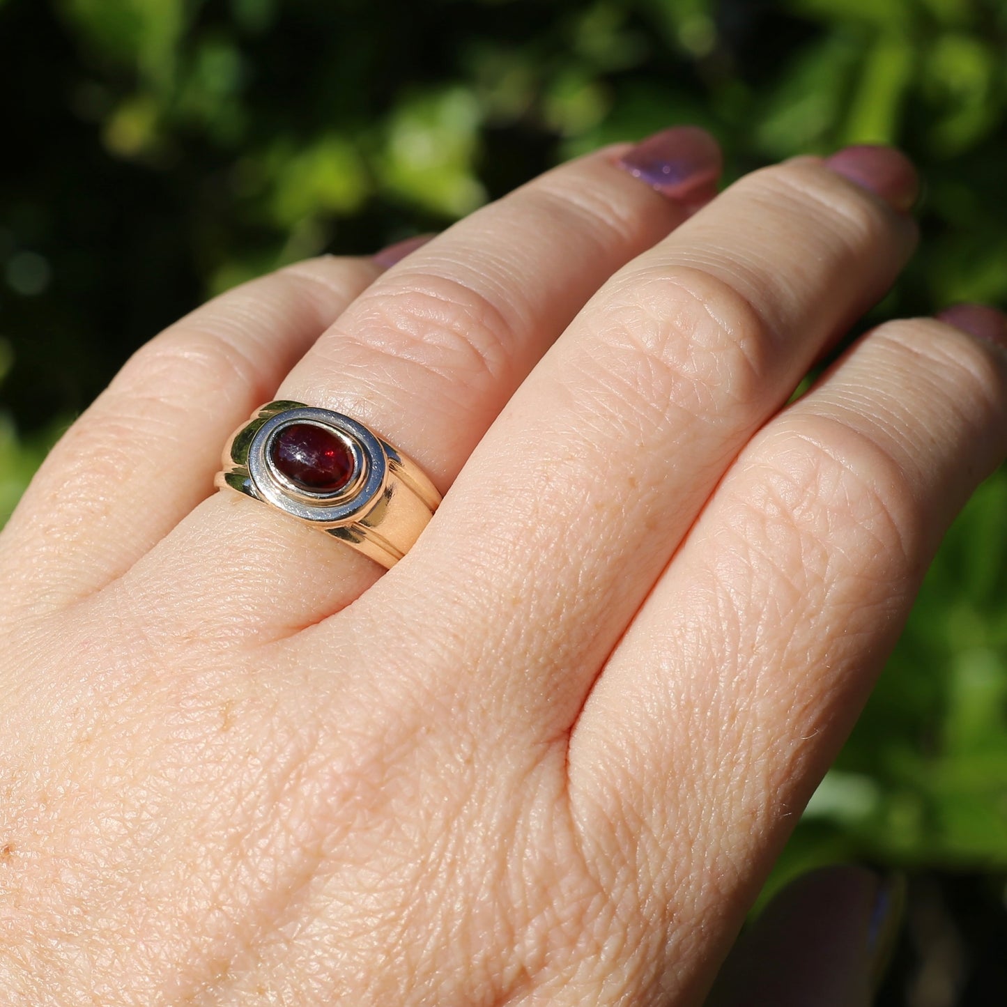 Chunky Gold East West Set Garnet Cabochon, 9ct Yellow Gold, size O1/2 or 7.5