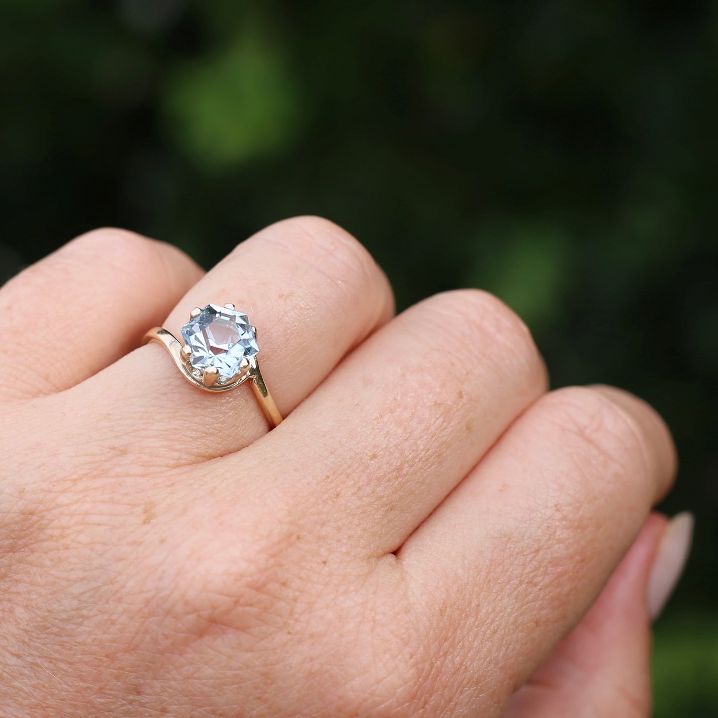 Fancy Hexagonal Cut Pale Blue Zircon Ring, 9ct Yellow Gold, size 7.5 or just over O1/2