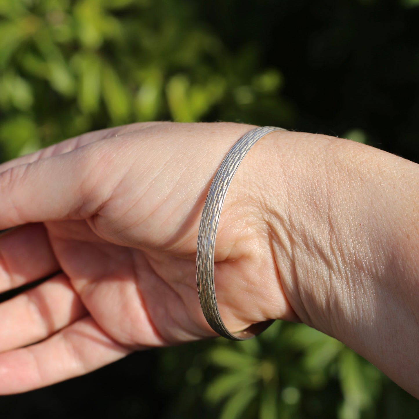 Stylised Engraved Flat Profile Silver Bangle, 16.5g