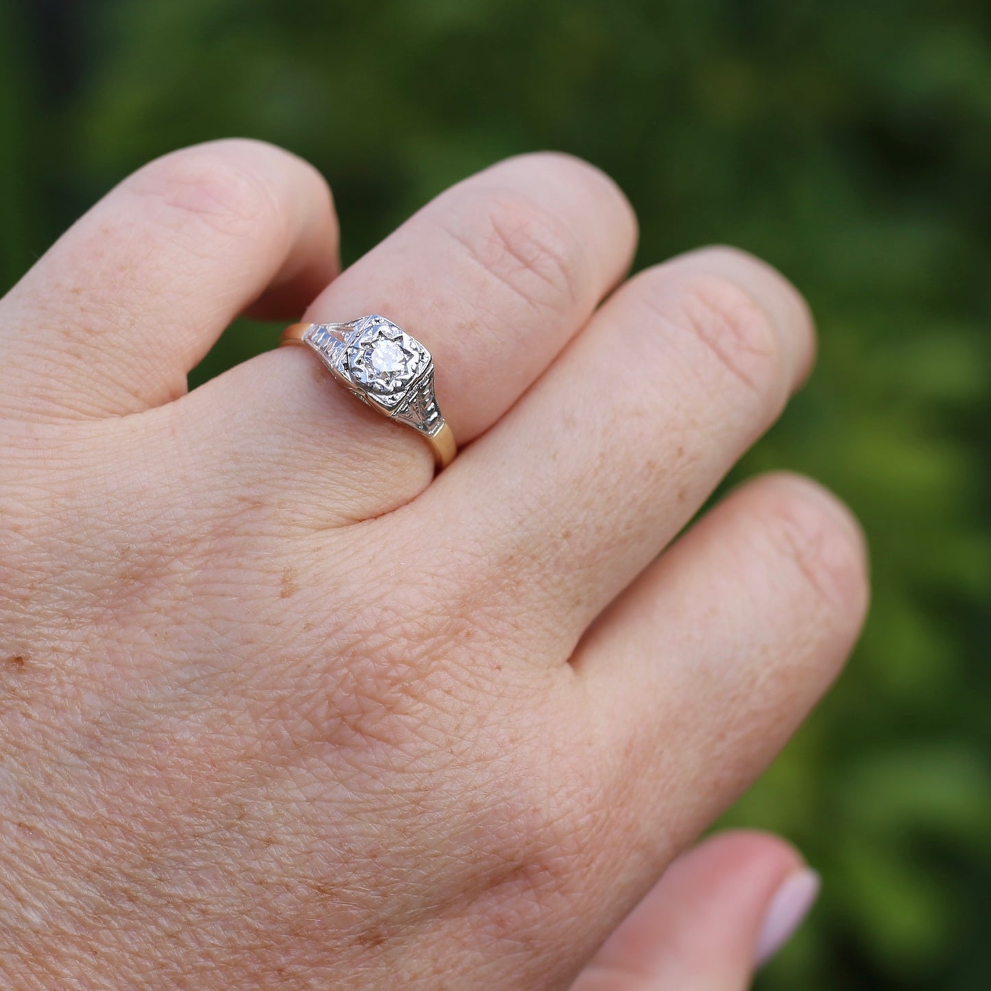 1930s Art Deco Inspired Platinum and 18ct Gold Solitaire Ring, size N or almost 6.75