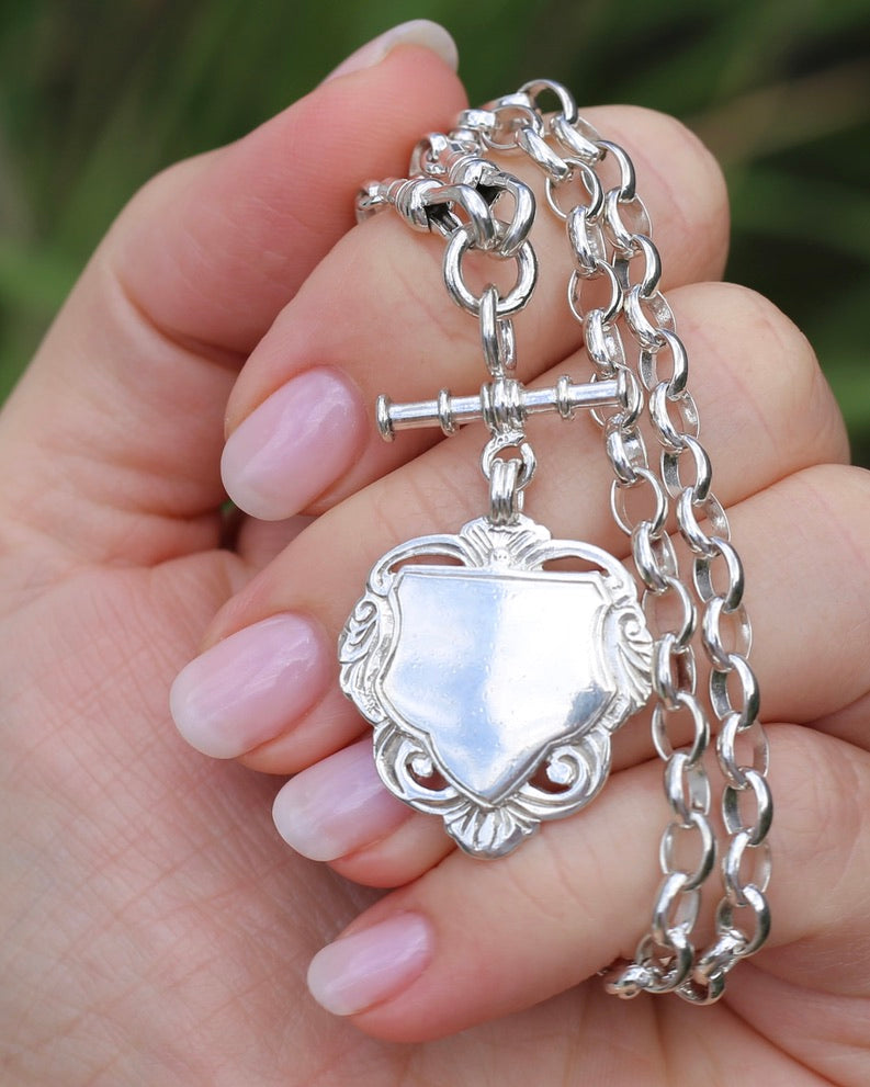 Vintage (likely Australian) Belcher Chain With Double Swivel Albert Clasps, T-bar and Fob, Sterling Silver, 47cm or 18.5 inches, 22.9g