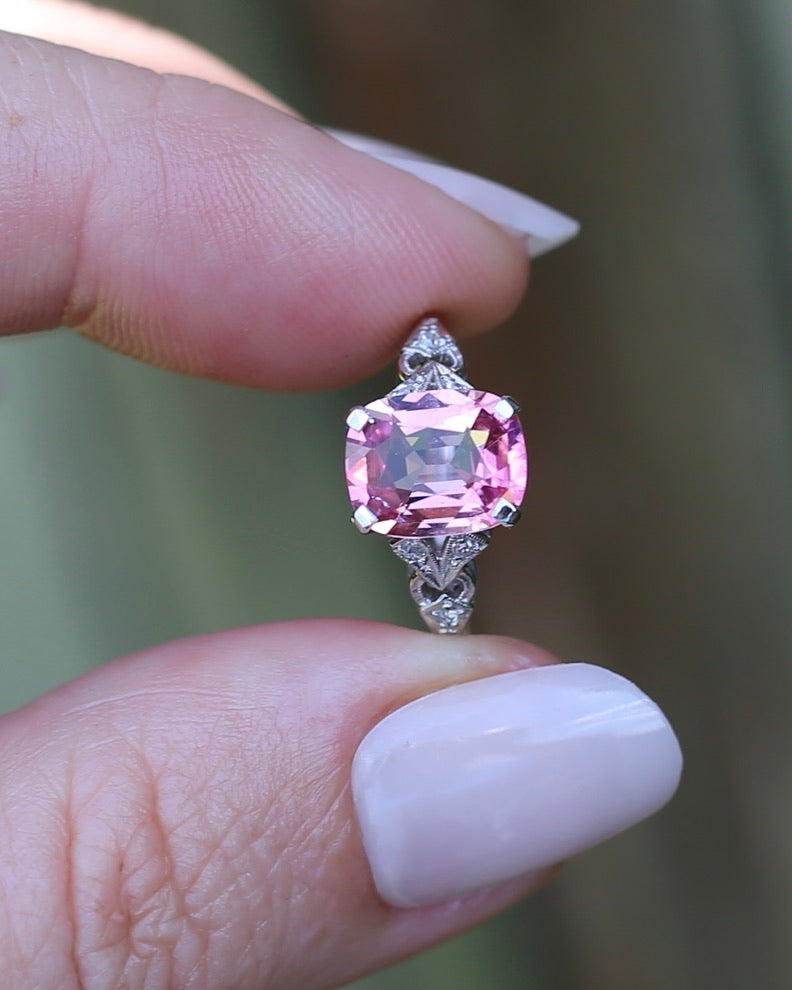 Pale Pink Tourmaline and Old Cut Diamond Shoulder Ring, 18ct White Gold and Platinum, size N or 6.75, 2.63g